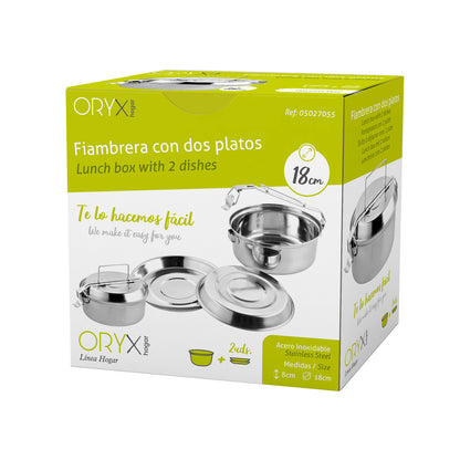 Fiambrera Metalica De Acero Inoxidable Con 2 Platos Ø 18 cm. Lunch Box, Fiambrera Metalica, Porta Alimentos Metalico,