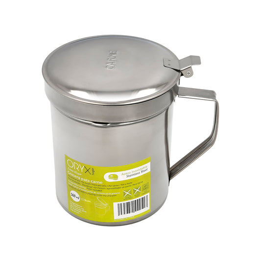 Gratisador de Aço Inox Para Carnes, Lubrificador de Óleo Usado 0,5 lts. Com filtro e tampa, recipiente de reciclagem de óleo de carne usado