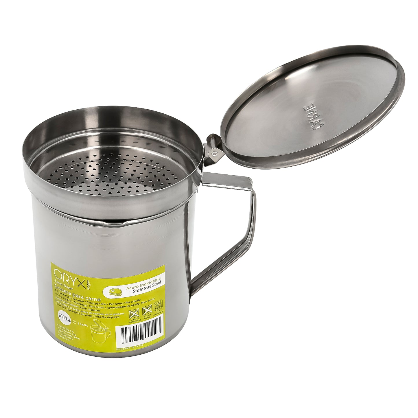 Tigela De Aço Inox Para Carne, Tigela De Óleo Óleo Usado 1,0 Lts. Com filtro e tampa, recipiente de reciclagem de óleo de carne usado