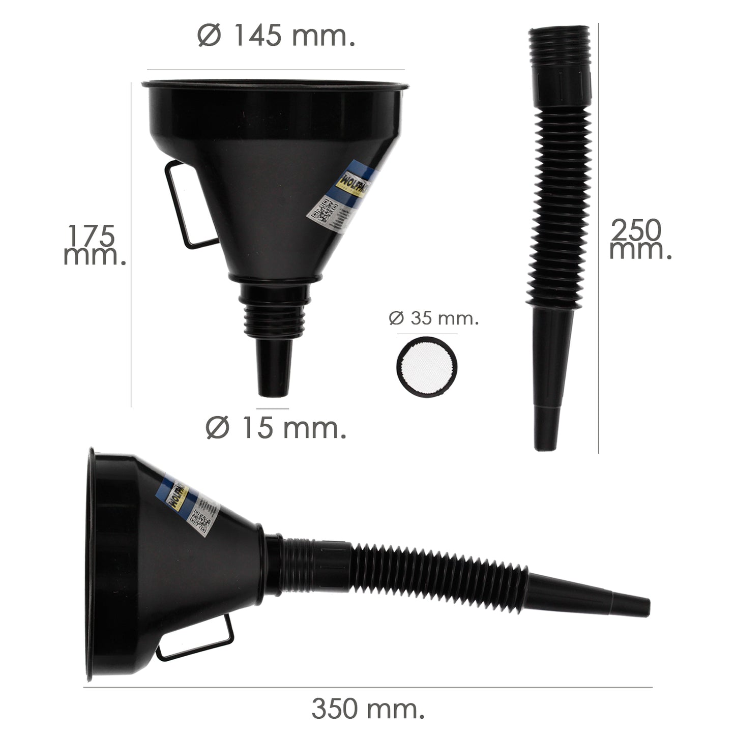 Embudo Boca Ancha Ø 145 mm.Con Prolongador Flexible y Filtro Metalico. Embudo gasoil, embudo gasolina, embudo combustible