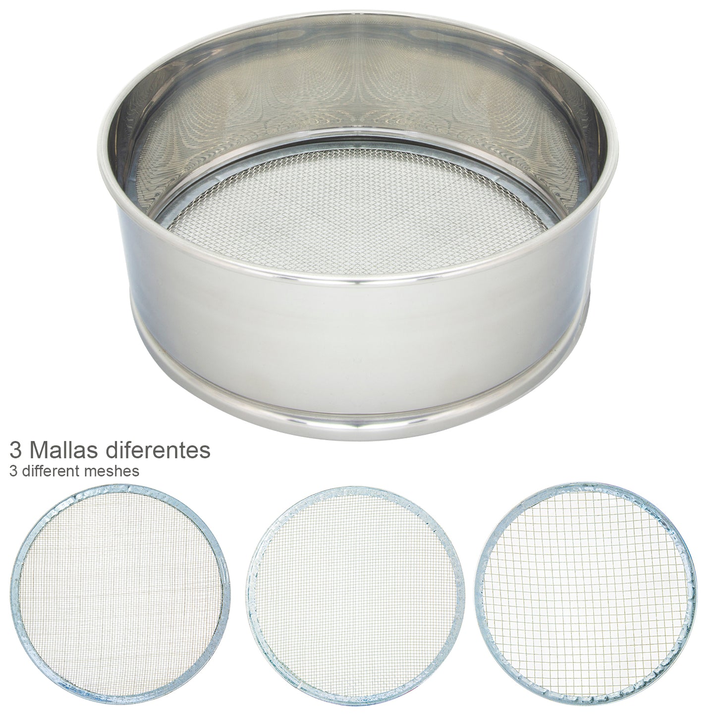 Peneira para Farinha Aço inox Ø 20 cm. Com 3 malhas intercambiáveis