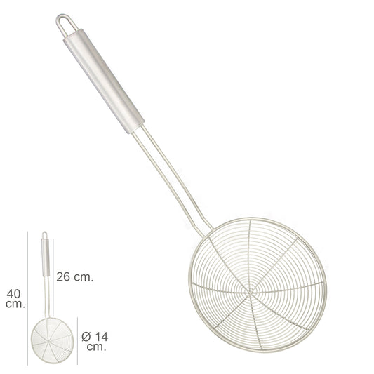 Escumadeira de fio de aço inoxidável Ø 14 cm. Alça Redonda 26 cm.