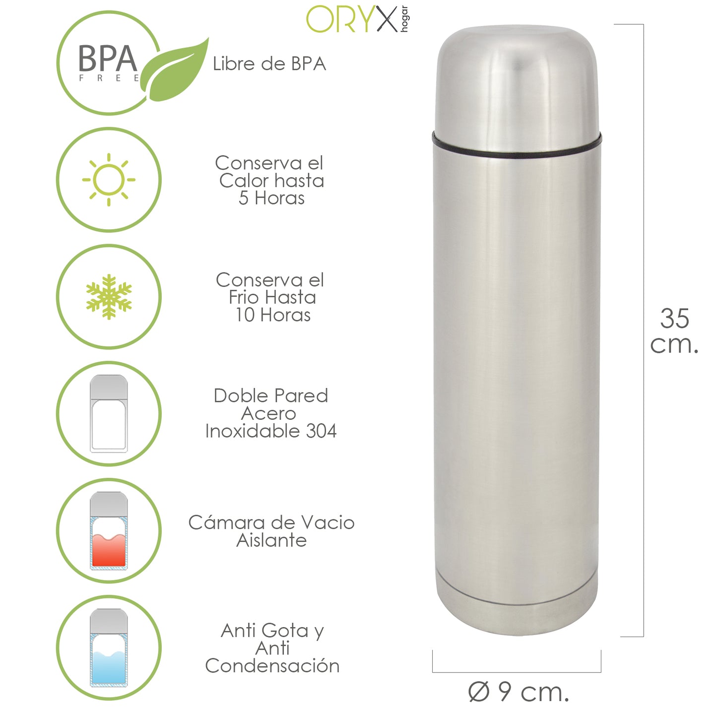 Termo líquido, capacidade de 1 litro, livre de BPA, aço inoxidável, anti-gotejamento