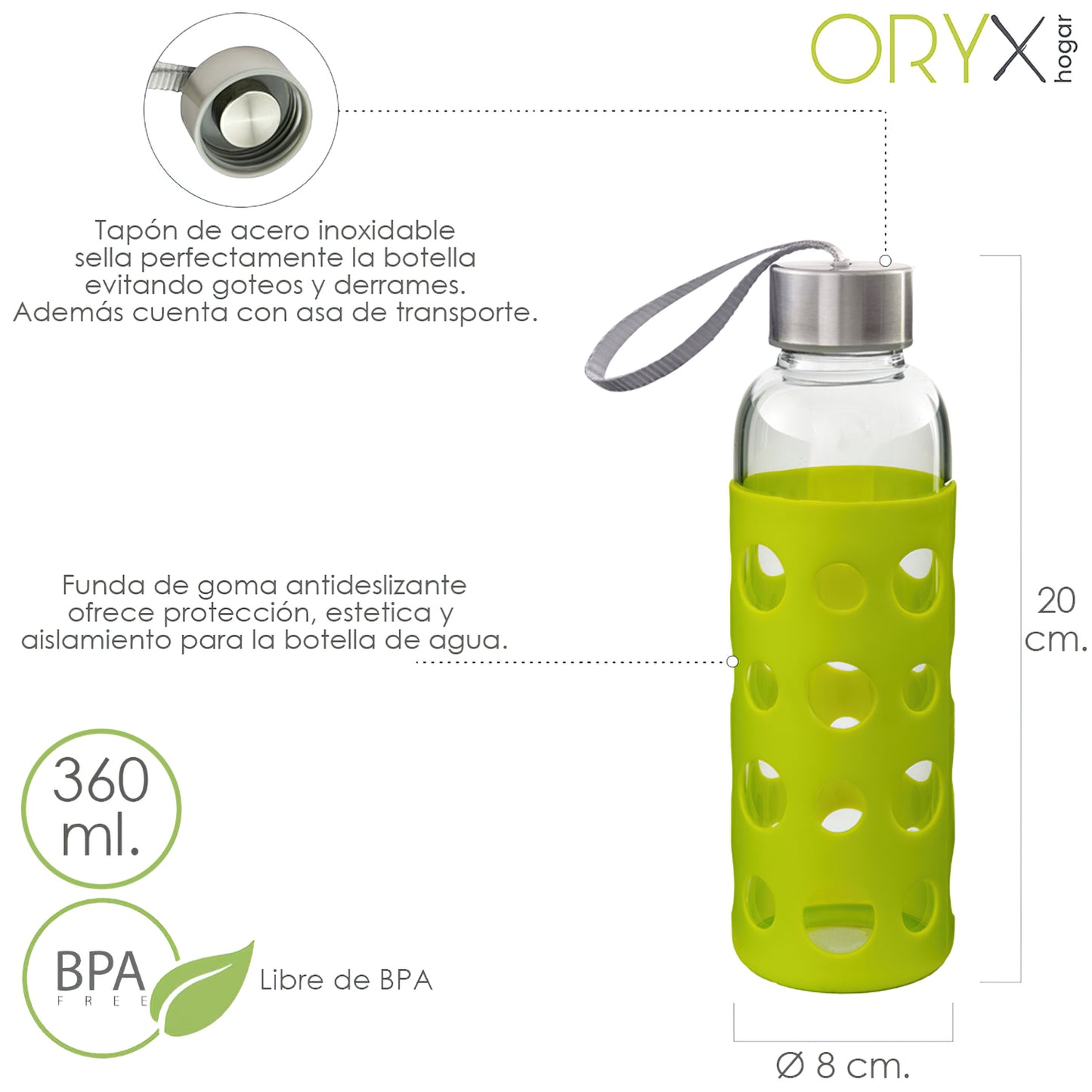 Garrafa de água de vidro, capacidade de 360 ​​ML. Livre de BPA, com tampa de borracha e anti-pingos