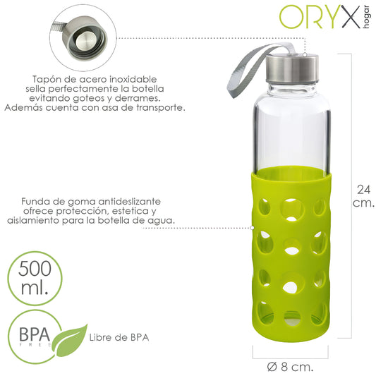 Garrafa de água de vidro com tampa de borracha e rolha, 500ml, sem BPA