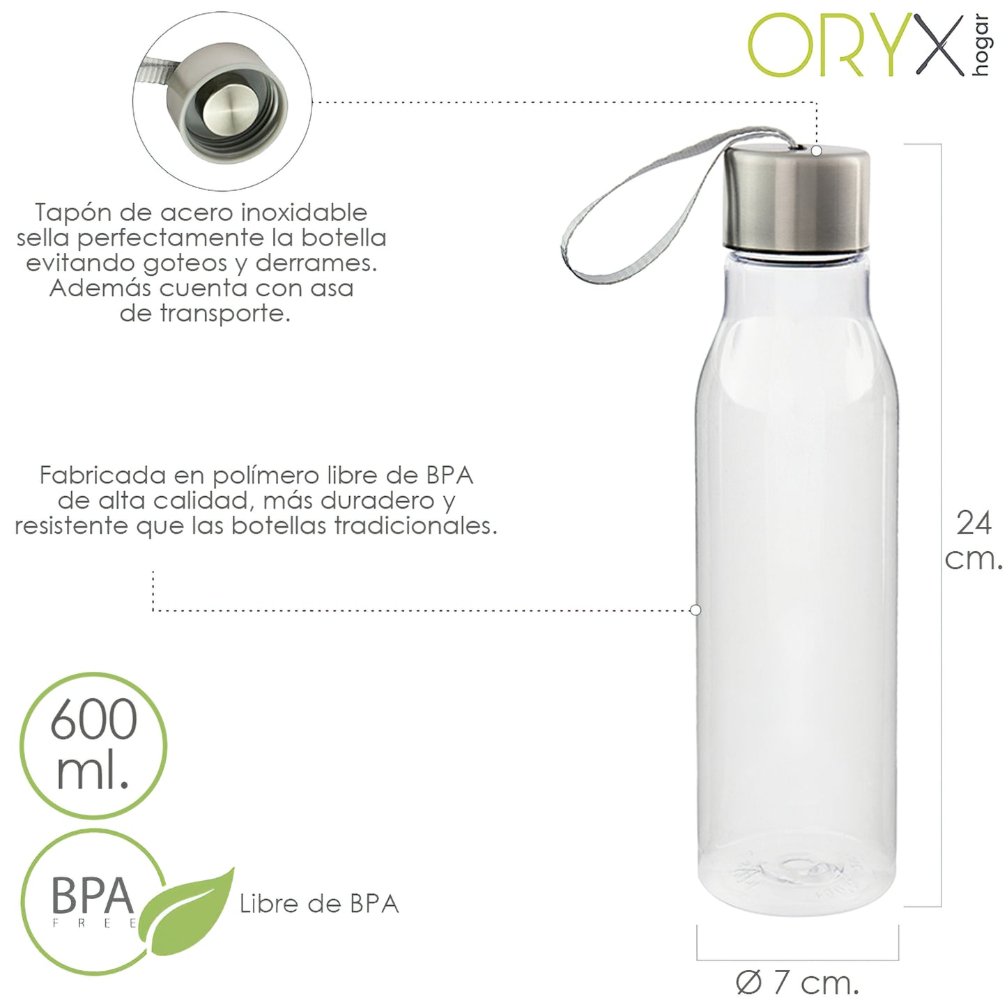 Garrafa de Água, Capacidade 600 ML. Plástico livre de BPA, com alça, tampa de aço inoxidável.