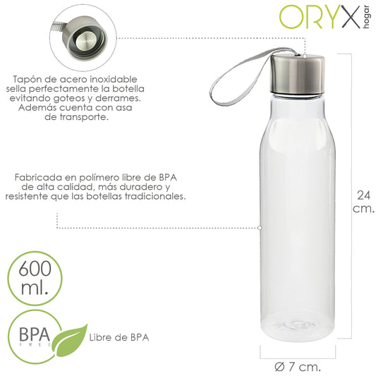 Garrafa de Água, Capacidade 600 ML. Plástico livre de BPA, com alça, tampa de aço inoxidável.