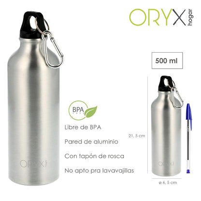 Botella de Agua Aluminio Con mosqueton, Cierre hermetico 500 ml.