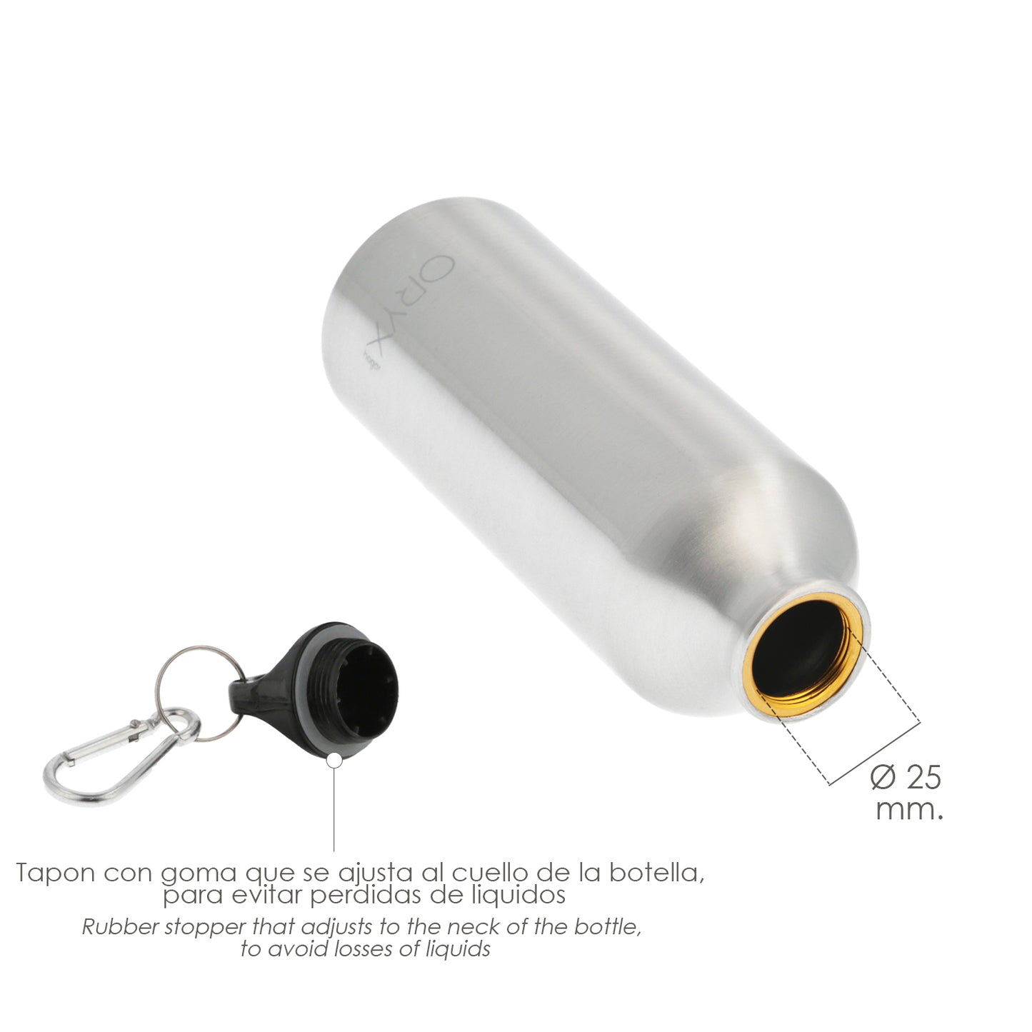 Botella de Agua Aluminio Con mosqueton, Cierre hermetico 500 ml.