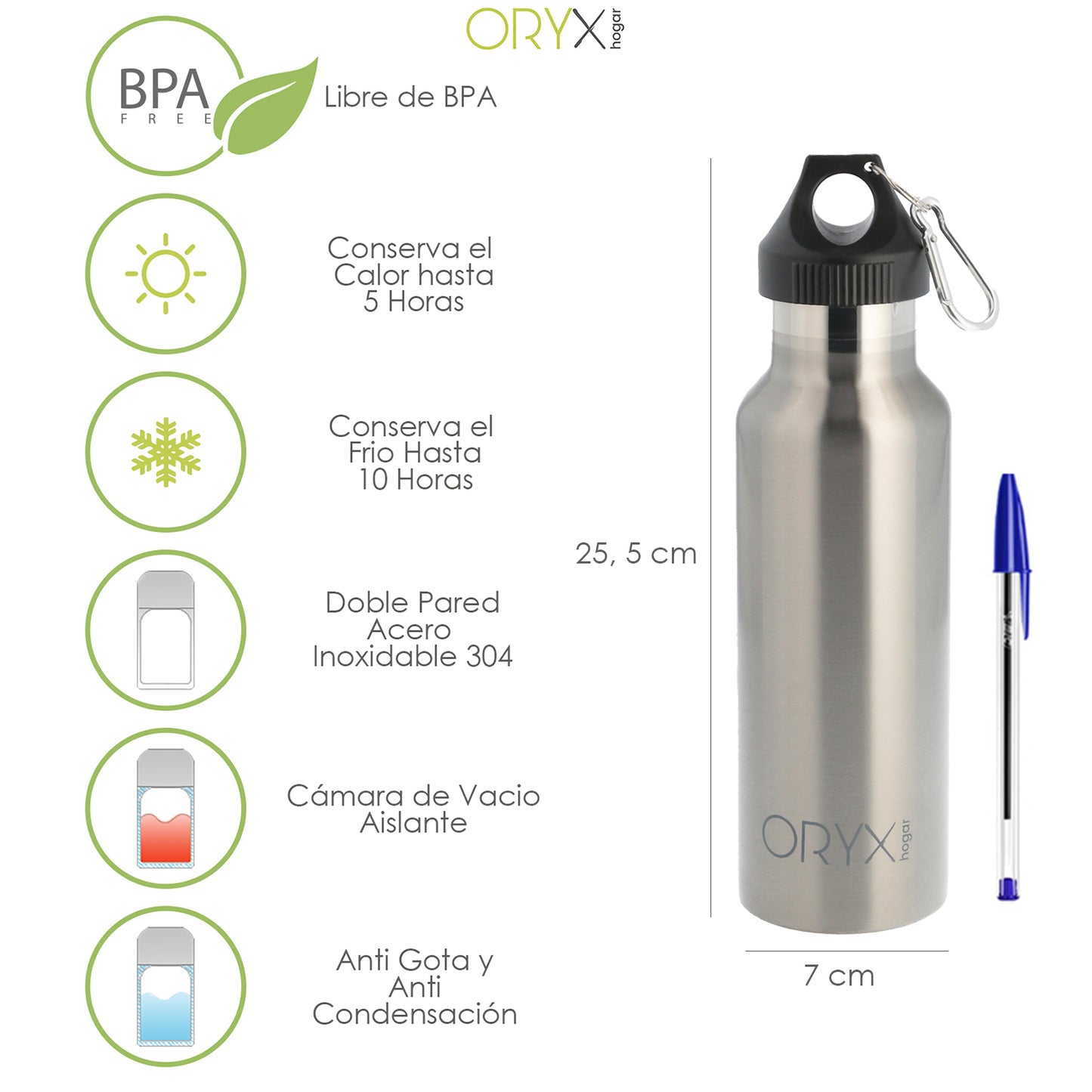 Garrafa Térmica / Thermos Aço Inox Anti-Gotejamento 500 ml. Fecho 100% hermético, com mosquetão.