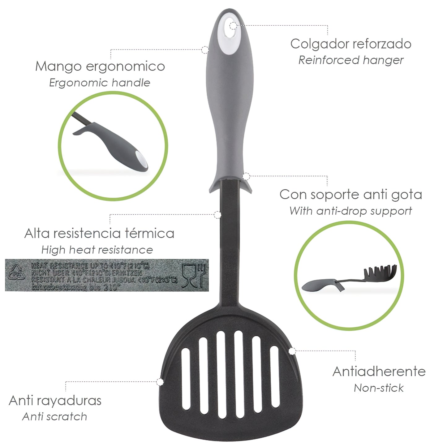 Espátula de Cozinha em Nylon Com Cabo Emborrachado Anti-Gotejamento 34,5 x 11 cm.