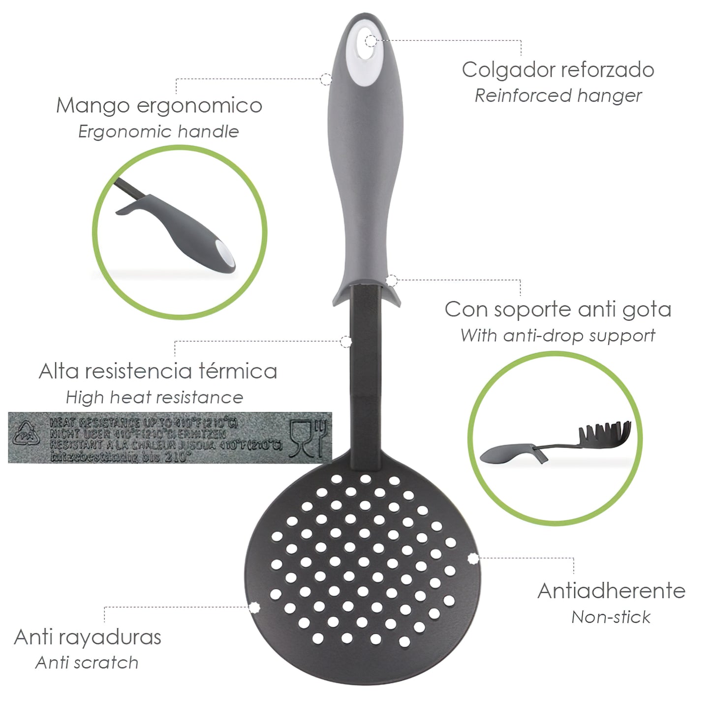 Escumadeira de Cozinha em Nylon Com Cabo Emborrachado Anti-Gotejamento 35 x 11,7 cm.