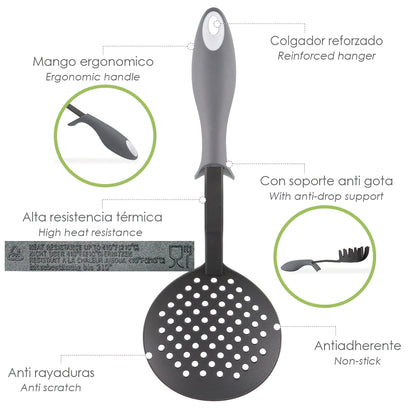 Escumadeira de Cozinha em Nylon Com Cabo Emborrachado Anti-Gotejamento 35 x 11,7 cm.