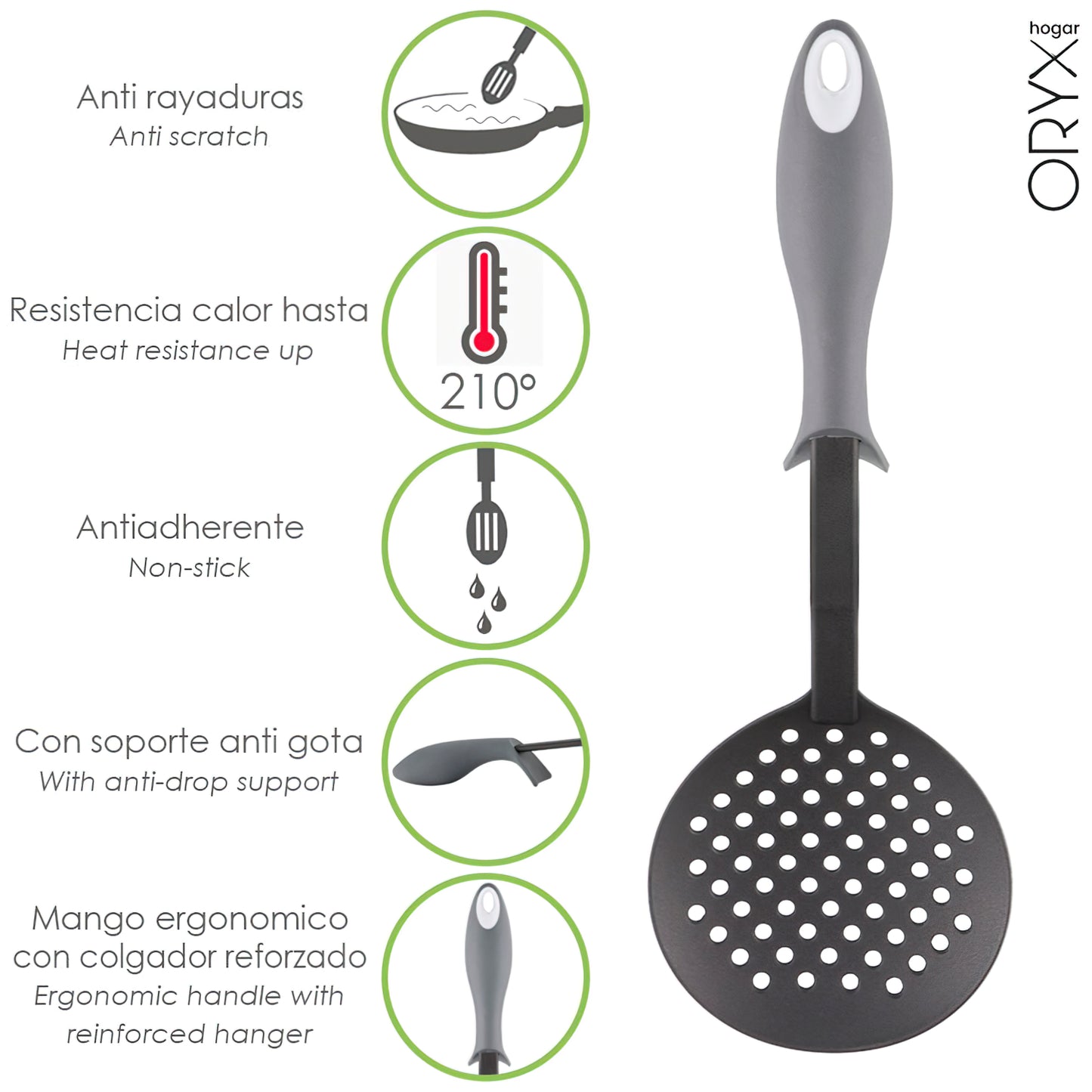 Escumadeira de Cozinha em Nylon Com Cabo Emborrachado Anti-Gotejamento 35 x 11,7 cm.