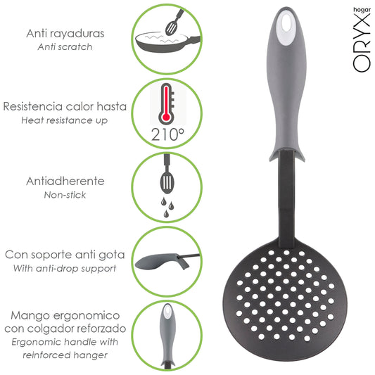 Escumadeira de Cozinha em Nylon Com Cabo Emborrachado Anti-Gotejamento 35 x 11,7 cm.