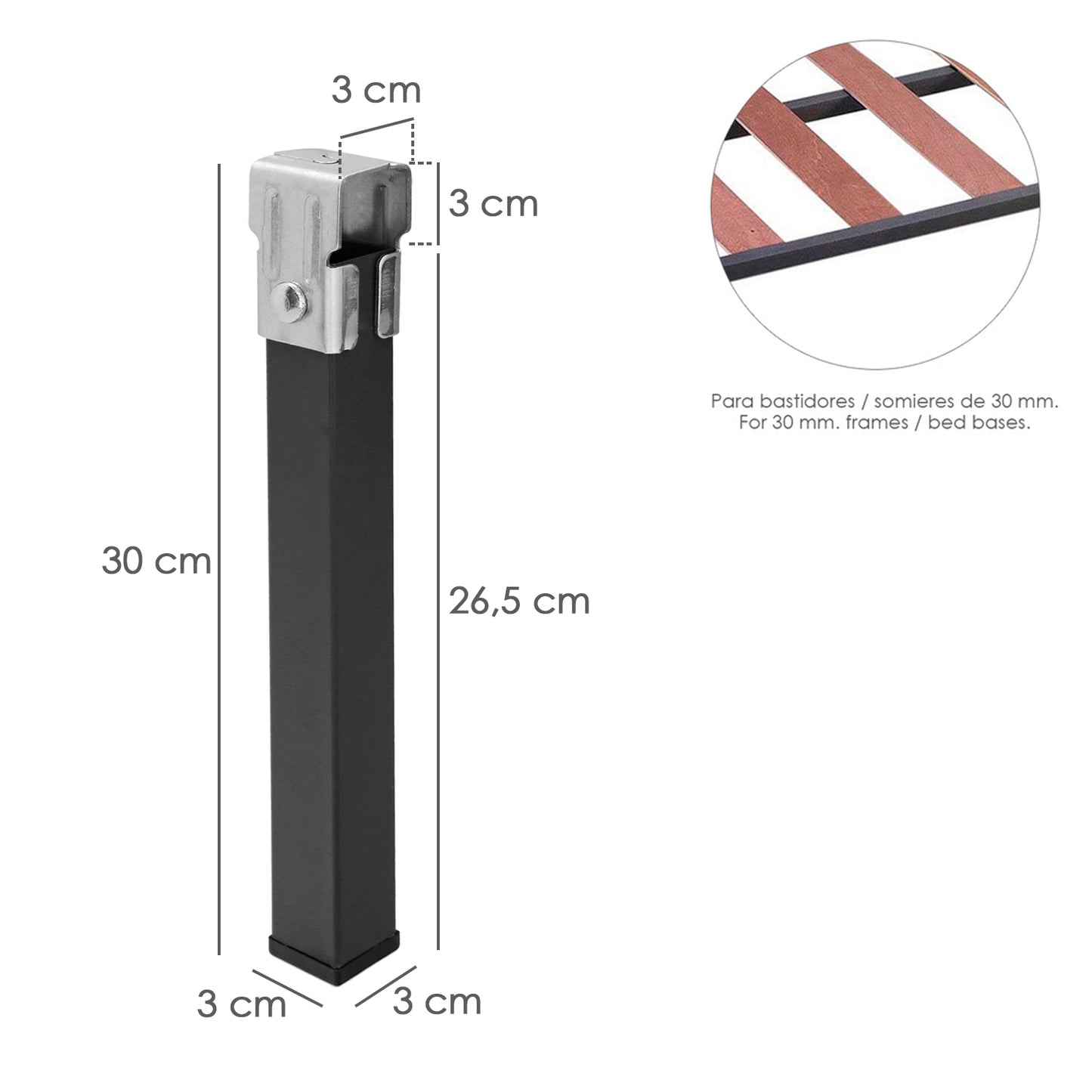 Juego Patas Somier Cuadradas (4 Unidades) Tubo 30x30 mm. Para Somier de 30x30 mm. Altura 25 cm.