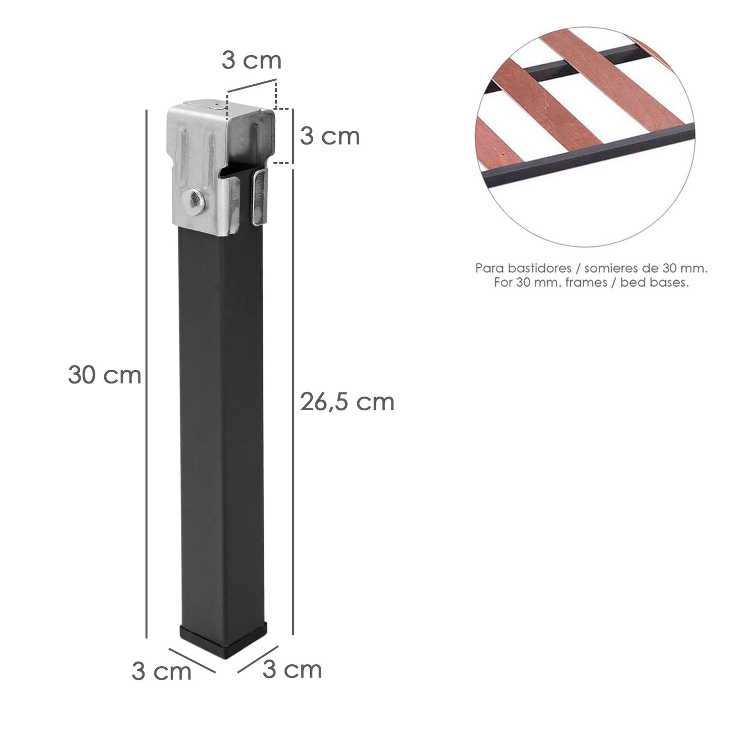 Conjunto de Pernas para Base de Cama Quadrada (4 Unidades) Tubo 30x30 mm. Para estrado de cama 30x30 mm. Altura 25 cm.