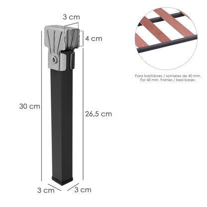 Conjunto de Pernas para Base de Cama Quadrada (4 Unidades) Tubo 30x30 mm. Para estrado de cama 40x30 mm. Altura 25 cm.