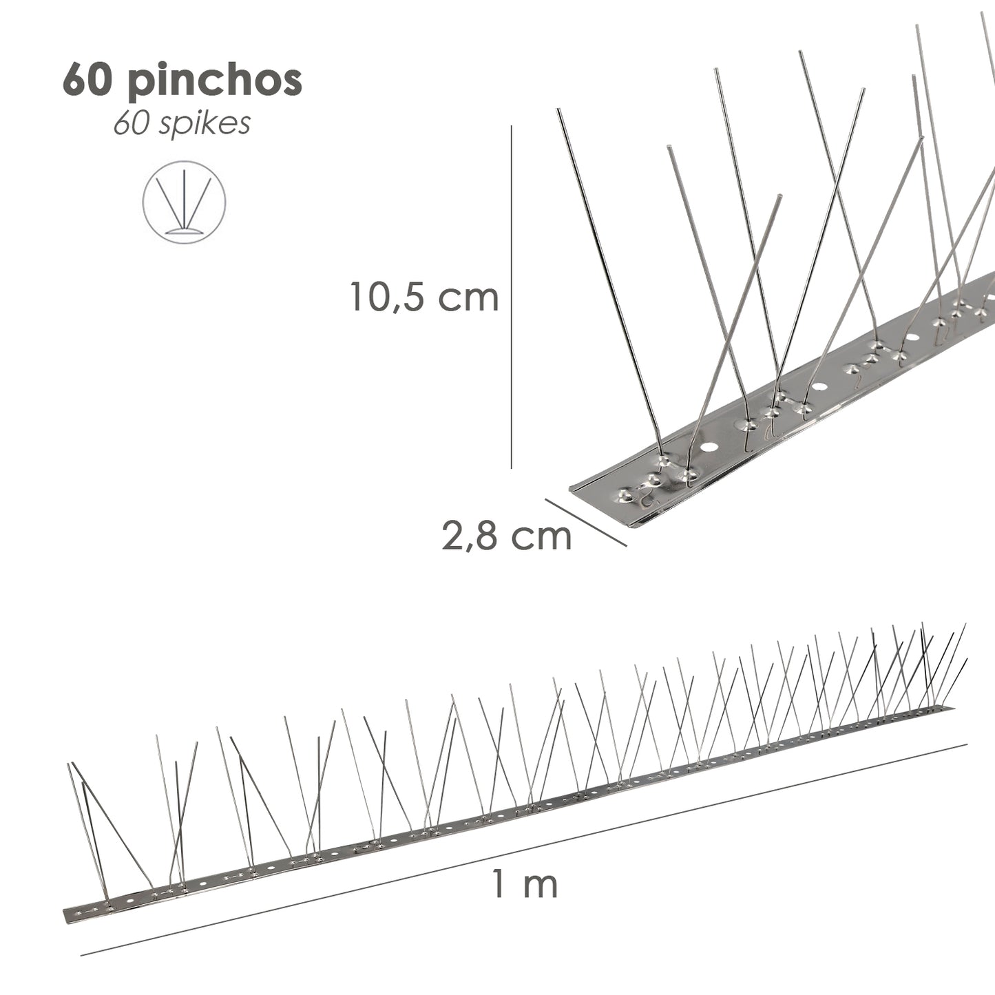 Espeto Anti Pombo/Pássaro 1 Metro Espeto Duplo Inox 60 Espetos. Adaptável a Várias Posições