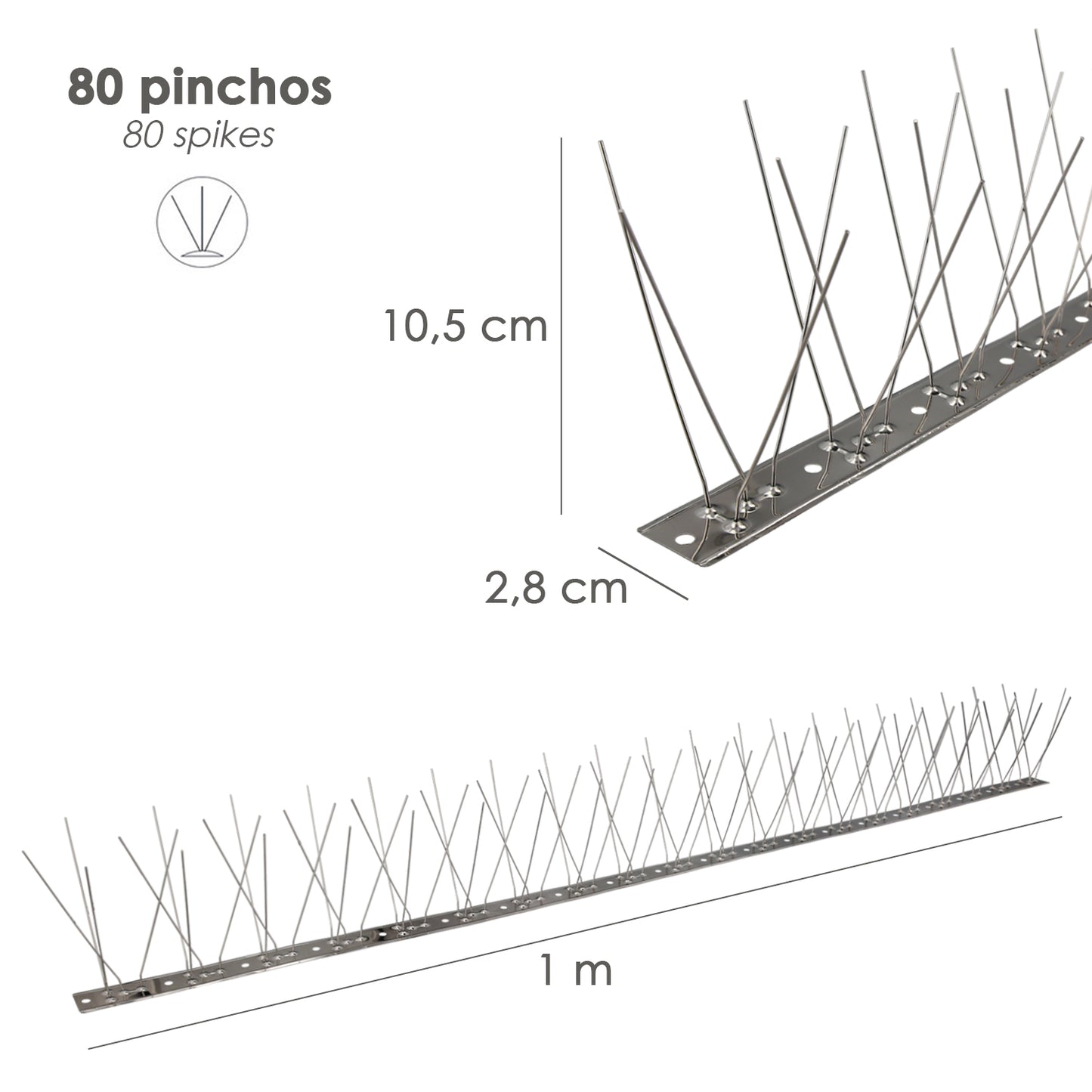 Espeto Anti Pombos/Aves 1 Metro Espeto Inox Duplo 80 Espetos. Adaptável a Várias Posições