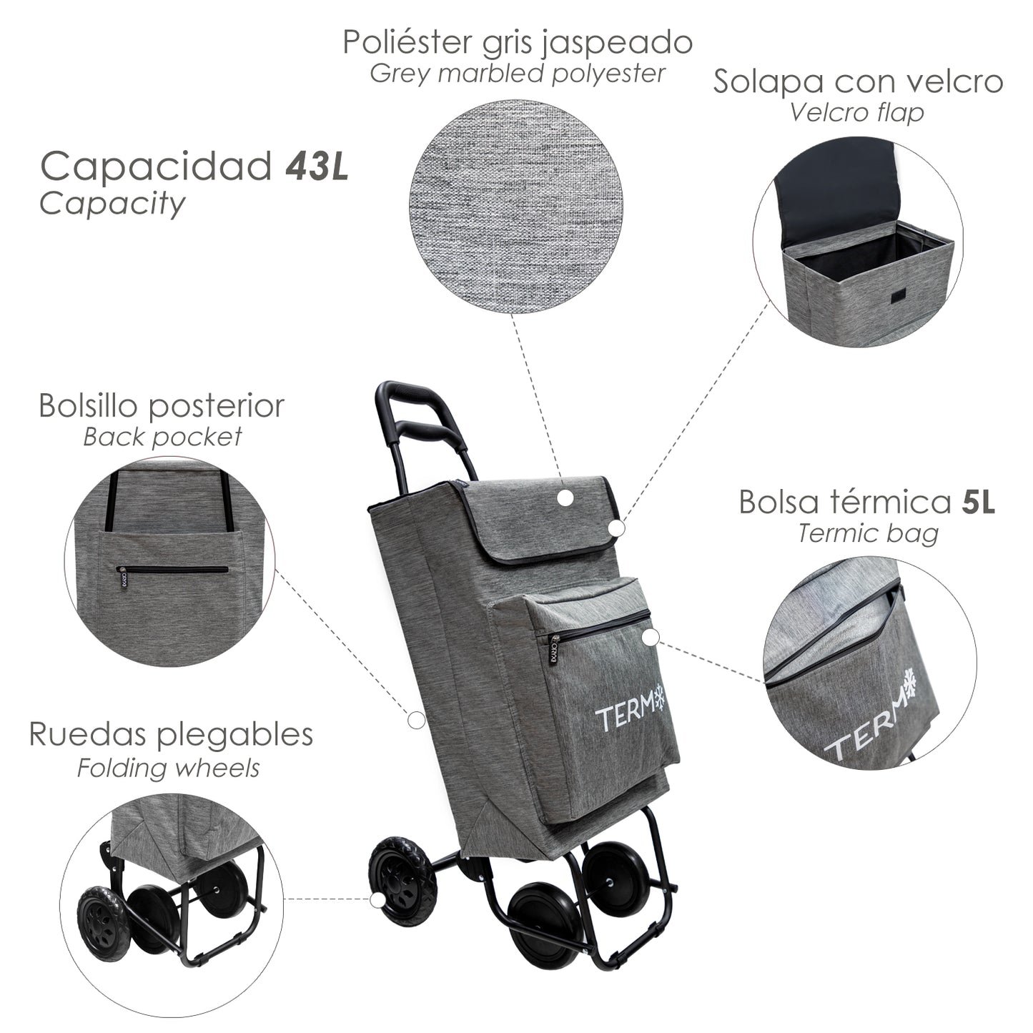 Carro De La Compra 4 Ruedas Jaspeado Gris 45 Litros Carrito De La Compra Poliester Con Bolsa Térmica Refrigeración