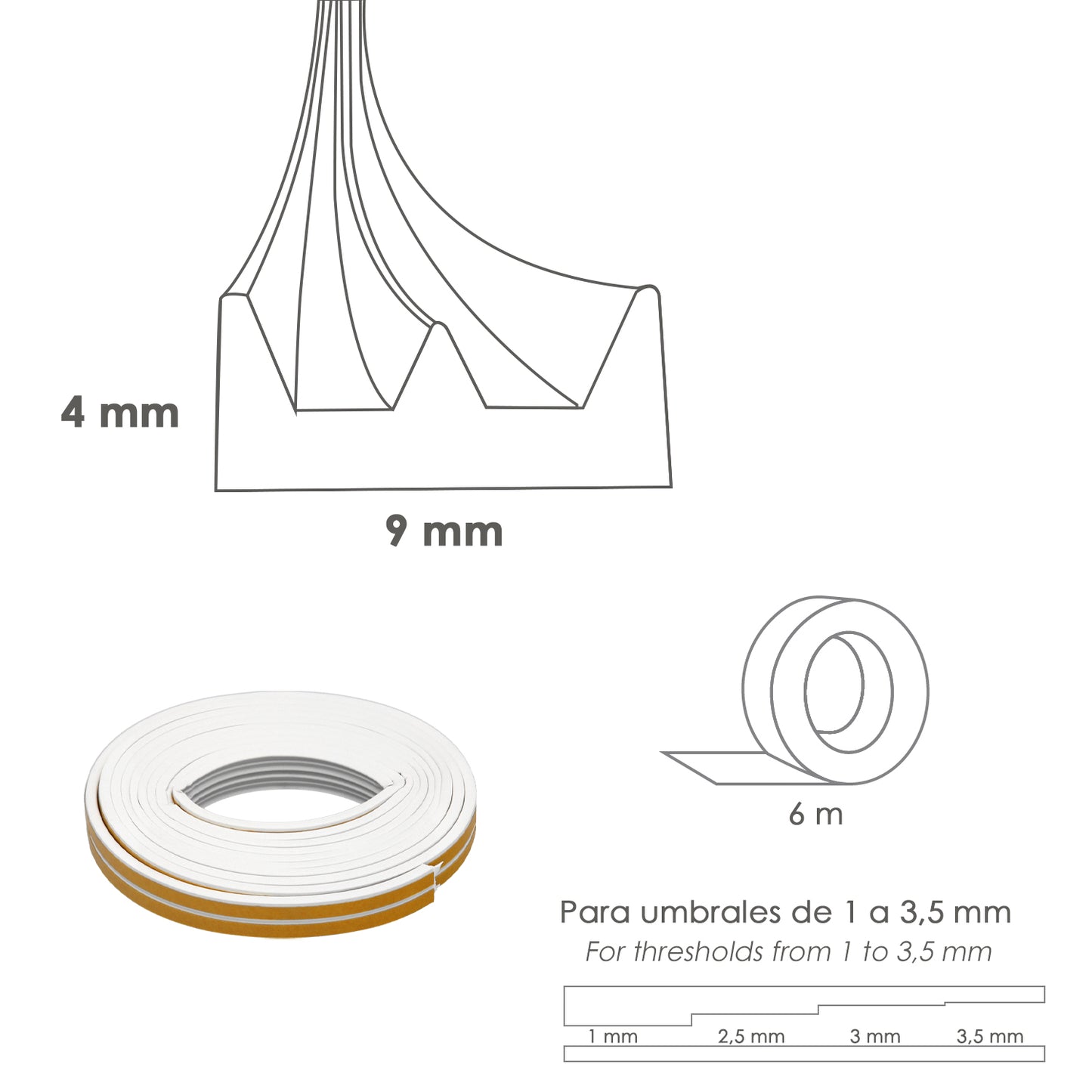 Burlete Caucho Blanco Rollo 6 Metros x 9 mm. Sellador Ventanas y Puertas. Aisla Del Ruido. Para Umbrales de 1 A 3,5 mm.