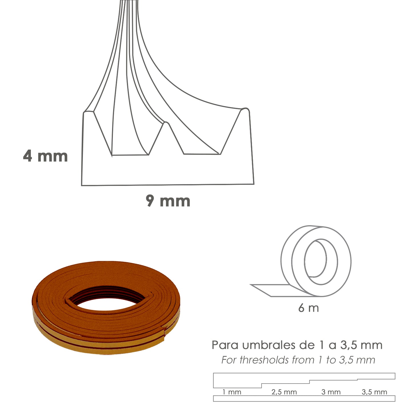 Burlete Caucho Marron Rollo 6 Metros. x 9 mm. Sellador Ventanas y Puertas. Aisla Del Ruido. Para Umbrales de 1 A 3,5 mm.