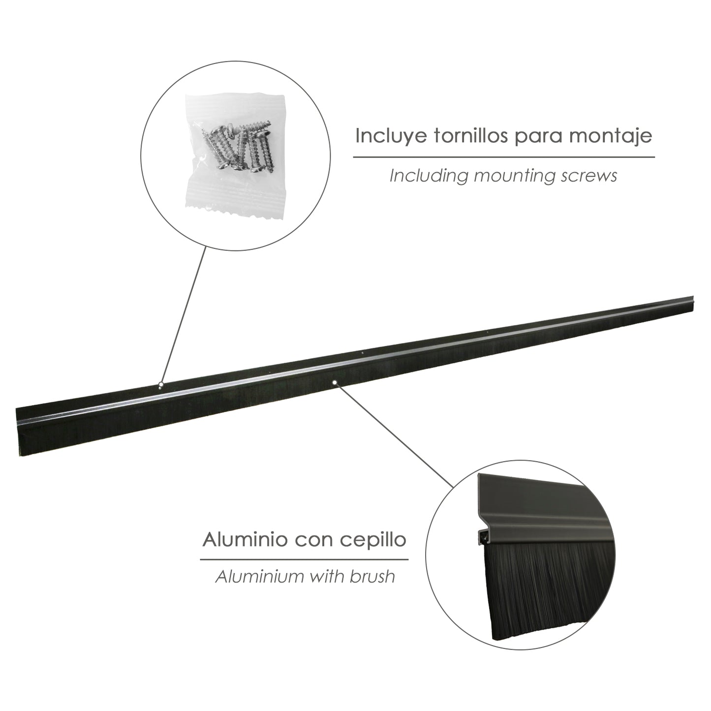 Burlete Para Puertas De Garaje Aluminio Negro Con Cepillo 2,5 m. Cepillo De Puerta, Burlete Garaje, Burlete Cepillo Cochera