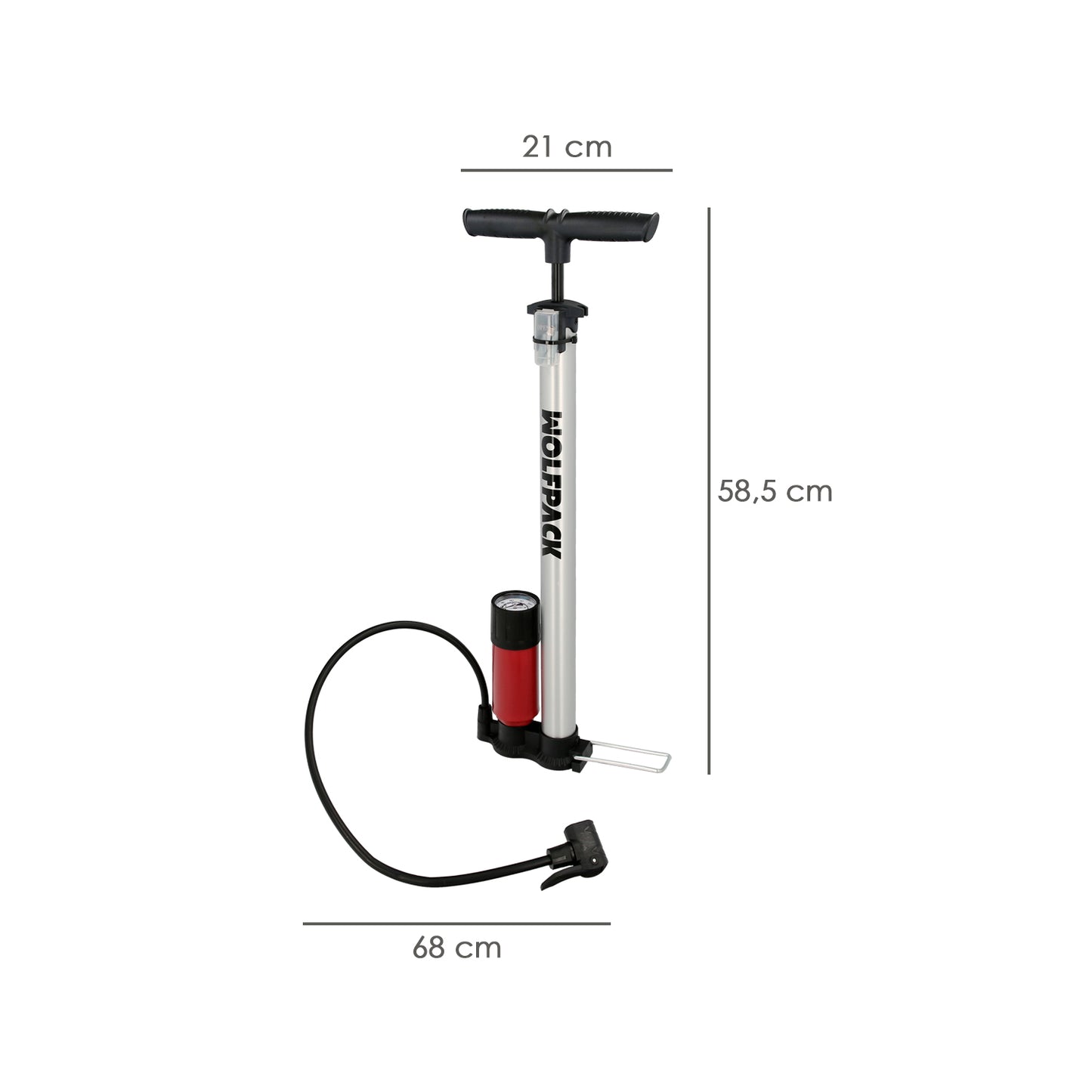 Bomba inflar bicicleta com manômetro. Bico Duplo Presta e Válvula Schrader. Com Adaptadores. Ø32 x 500mm. 10 BAR / 160 PSI
