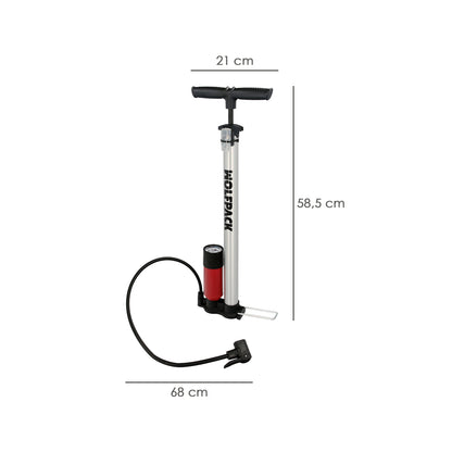 Bomba inflar bicicleta com manômetro. Bico Duplo Presta e Válvula Schrader. Com Adaptadores. Ø32 x 500mm. 10 BAR / 160 PSI