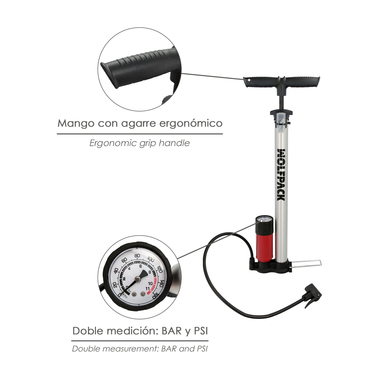 Bomba inflar bicicleta com manômetro. Bico Duplo Presta e Válvula Schrader. Com Adaptadores. Ø32 x 500mm. 10 BAR / 160 PSI