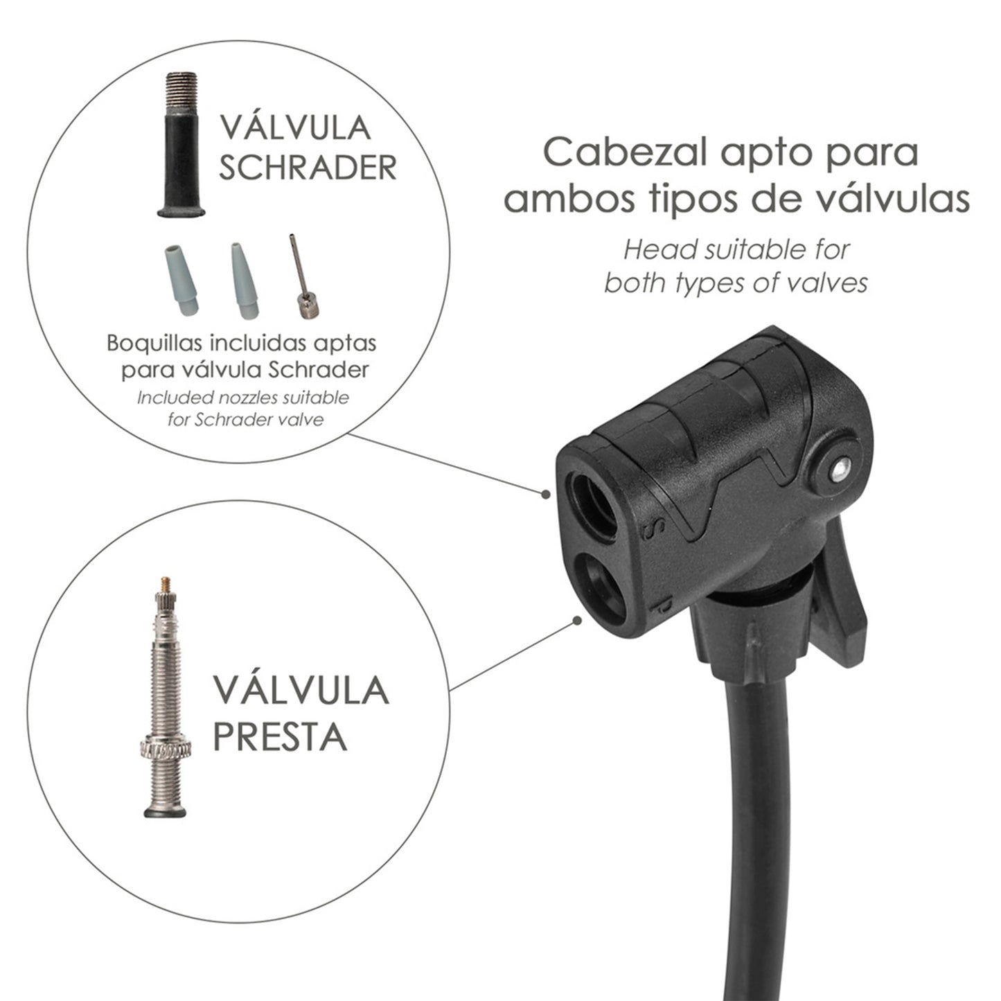 Bomba Inflar Bicicleta Con Manometro. Doble Boquilla Valvula Presta y Schrader. Con Adaptadores. Ø 32 x 500 mm. 10 BAR / 160 PSI