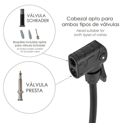 Bomba inflar bicicleta com manômetro. Bico Duplo Presta e Válvula Schrader. Com Adaptadores. Ø32 x 500mm. 10 BAR / 160 PSI