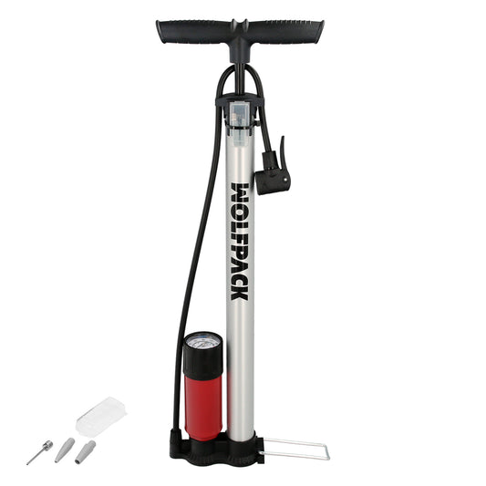 Bomba inflar bicicleta com manômetro. Bico Duplo Presta e Válvula Schrader. Com Adaptadores. Ø32 x 500mm. 10 BAR / 160 PSI