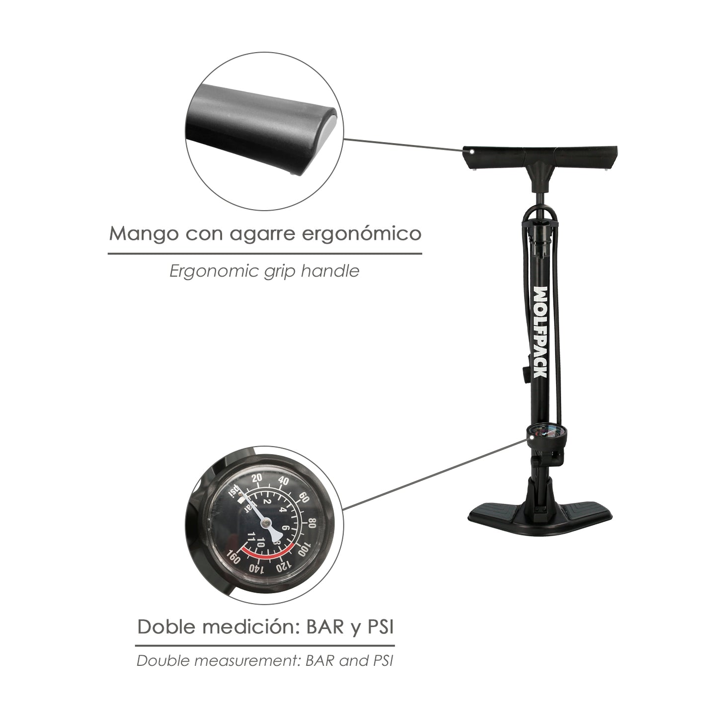 Bomba de Ar Com Manômetro 8 Bares Corpo e Pés de Aço, Válvulas SCHRADER e PRESTA com Adaptadores. Bicicletas-bomba, carros-bomba