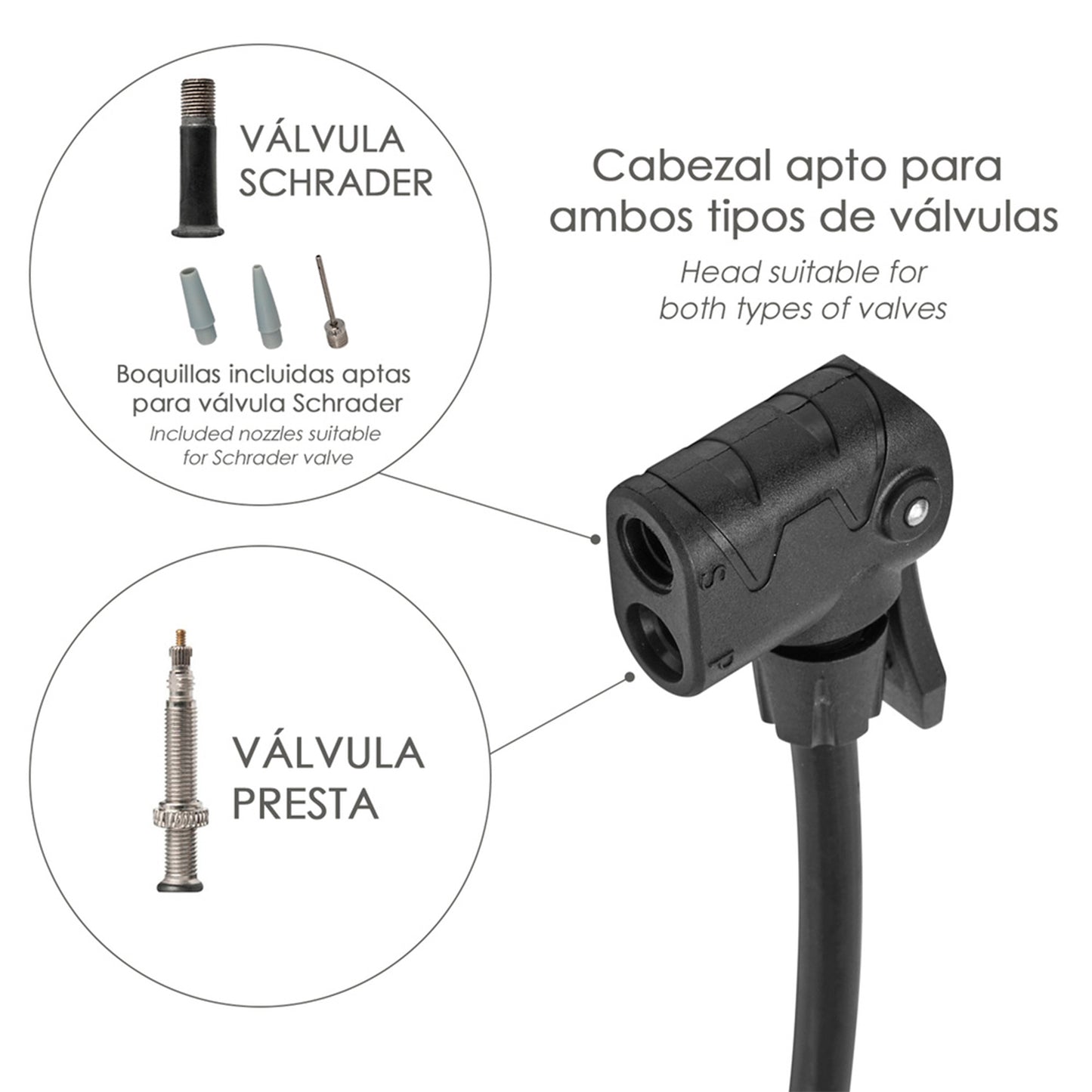 Bomba Aire 5,5 Bares Cuerpo Acero, Valvulas SCHRADER y PRESTA con Adaptadores. Bomba Bicicletas, Bomba coches