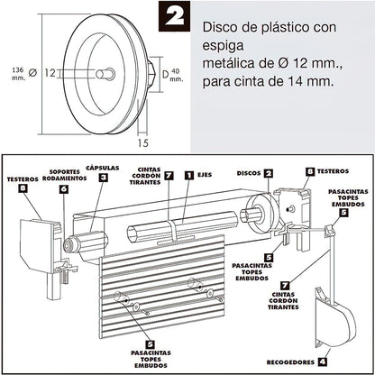 Disco cego de plástico Spike de metal 136x40 mm. fita 14mm.