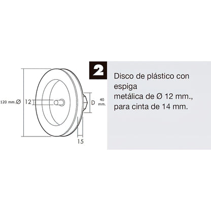 Disco cego de plástico Spike de metal 120x40 mm. fita 14mm.