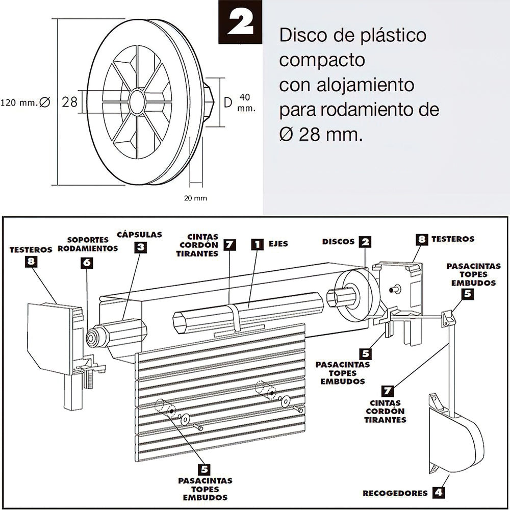 Disco Plastico Compacto Para Persianas. Rodamieto 120x40 mm. Para cintas hasta 20 mm.