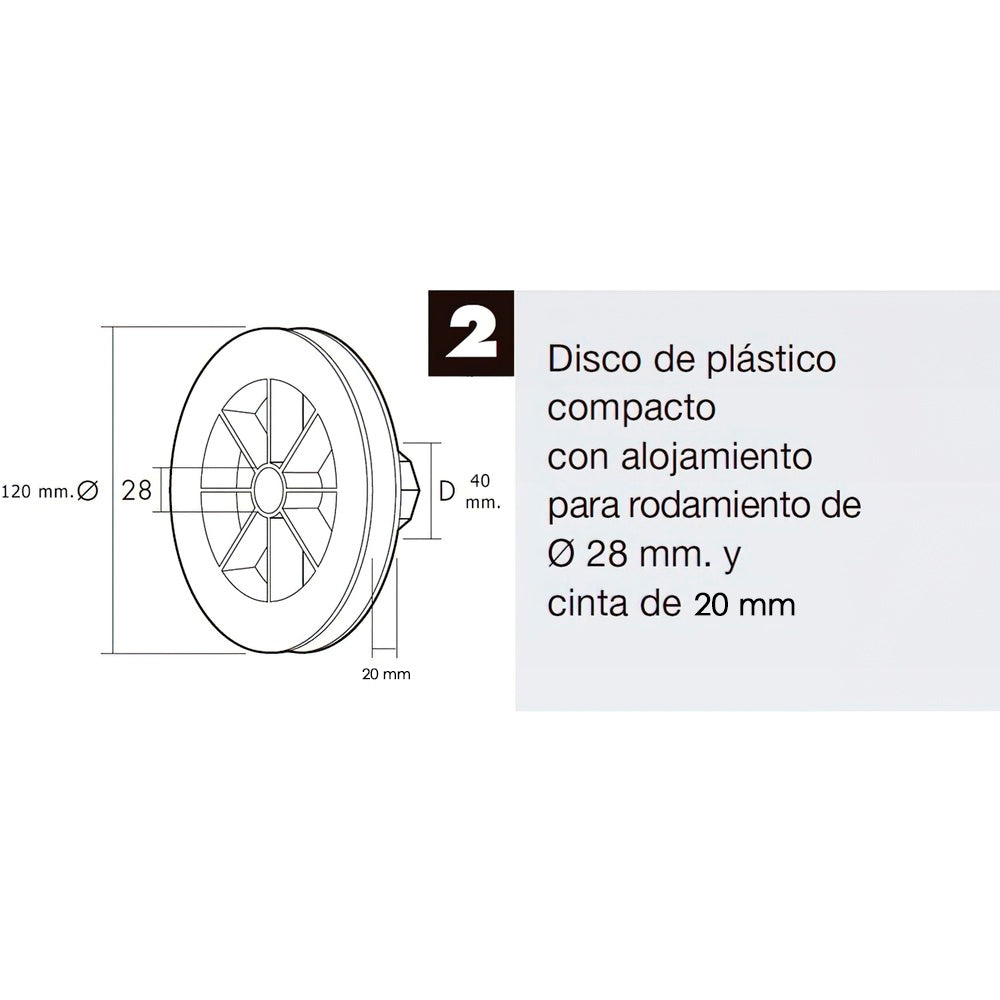 Disco Plastico Compacto Para Persianas. Rodamieto 120x40 mm. Para cintas hasta 20 mm.