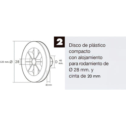 Disco de plástico compacto para persianas. Rolamento 120x40 mm. Para fitas até 20 mm.