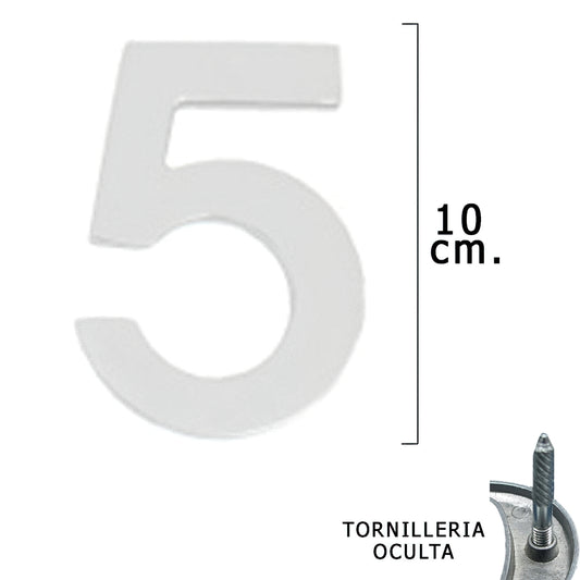 Metal Número "5" Prata Mate 10 cm. com parafusos ocultos (bolha 1 peça)