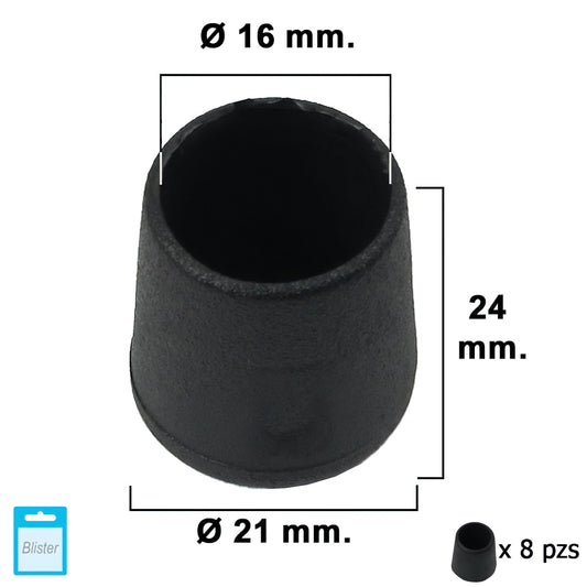 Ponteira cônica preta 16mm. Bolhas 8 peças.