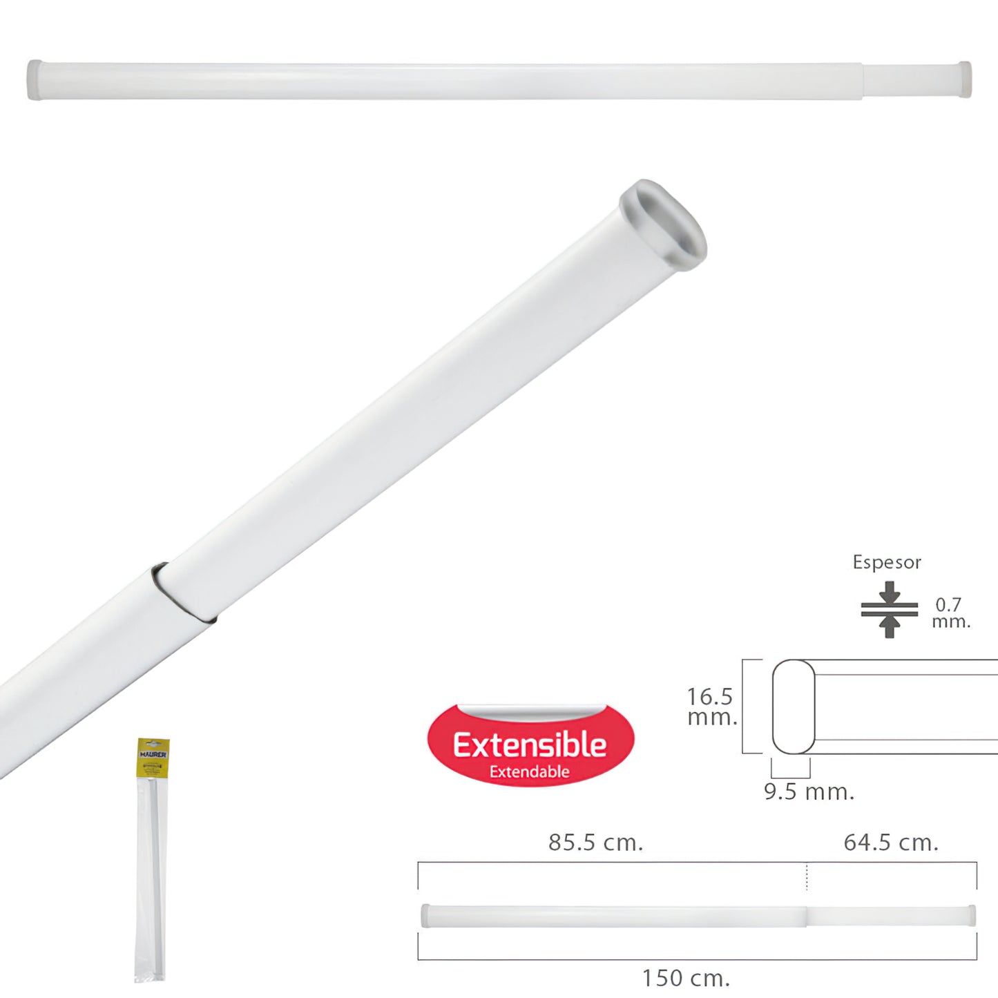 Barra Visillo Extensible 85.5/150 cm. Con Muelle Presion Ajustable  (1 Pieza)