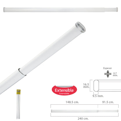 Barra transparente extensível 148,5/240 cm. Com mola de pressão ajustável (1 peça)