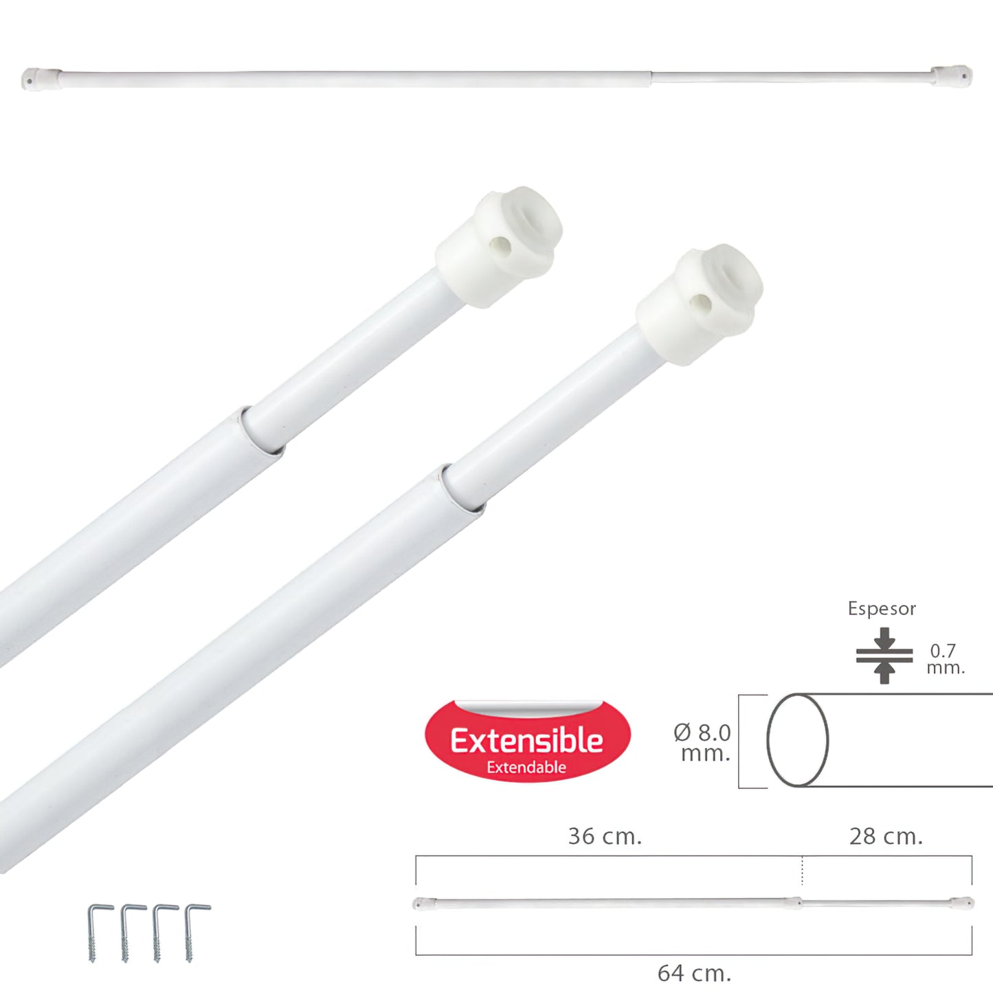 Barra transparente extensível 36/64 cm. com mola de pressão, suportes e ventosas (2 peças)