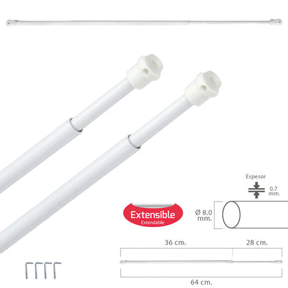 Barra transparente extensível 36/64 cm. com mola de pressão, suportes e ventosas (2 peças)