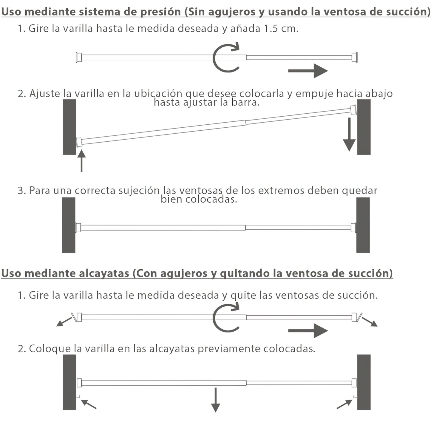 Barra transparente extensível 36/64 cm. com mola de pressão, suportes e ventosas (2 peças)