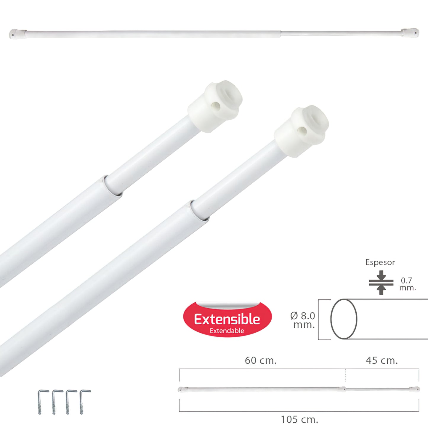 Barra transparente extensível 60/105 cm. com mola de pressão, suportes e ventosas (2 peças)