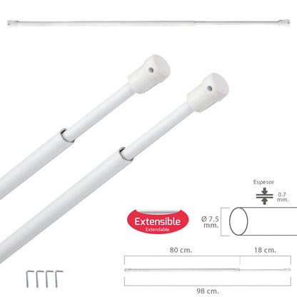 Barra transparente extensível 80/98 cm. Com Suporte, Sem Mola (2 peças)